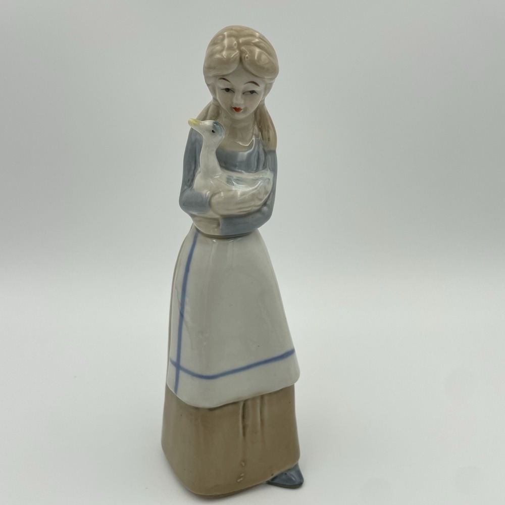Ceramic Cottagecore Farm Woman With Duck, Light Blue, Tan, White, 7", Unmarked
